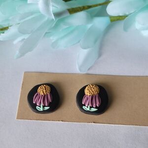 Clay earrings, purple flower, green leafs, floral studs, handmade stud earrings